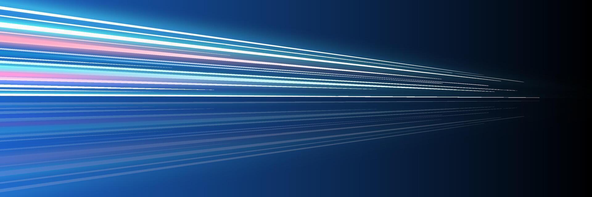 Motion luminous linear trails horizontal banner. High speed blue and pink glowing rays. Abstract long time exposure motion blur dynamic effect. Fast zoom light flash stripes. Eps vector