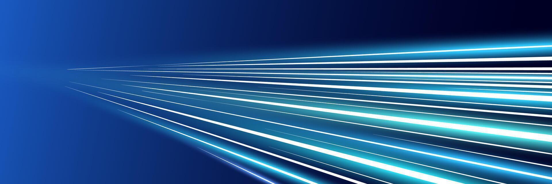 Motion luminous linear trails horizontal banner. High speed bright blue glowing rays. Abstract technology long time exposure motion blur perspective dynamic effect. Fast zoom light flash stripes. Eps vector