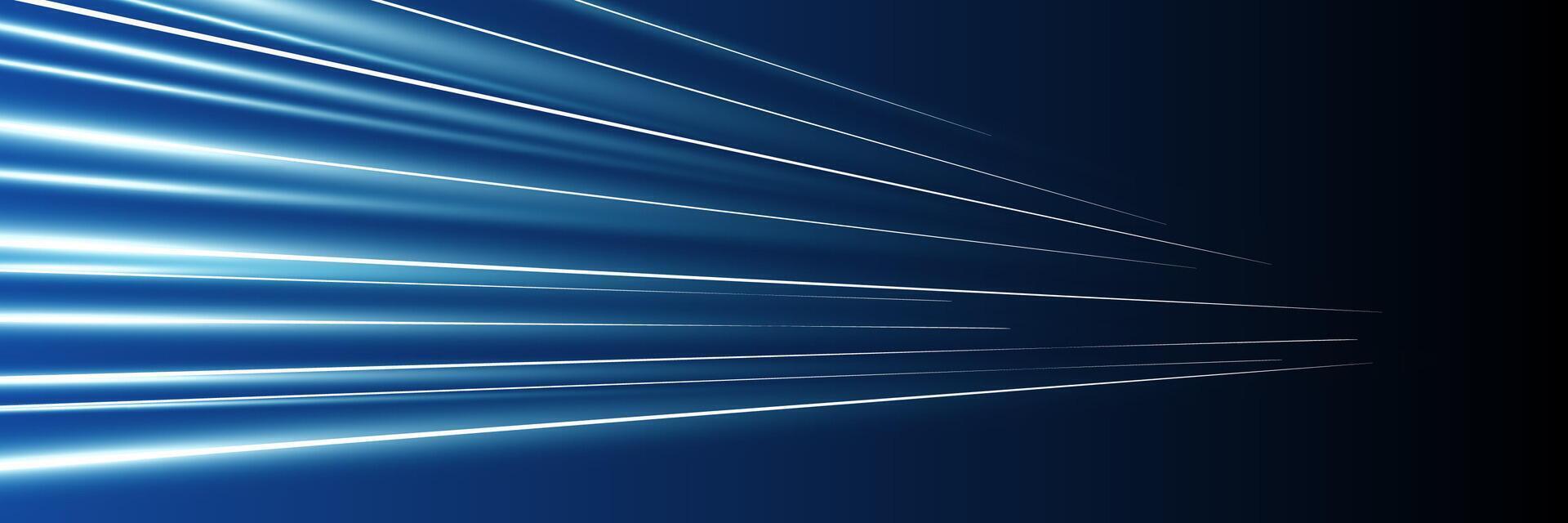 Motion luminous linear trails horizontal banner. High speed bright blue glowing rays. Abstract long time exposure motion blur dynamic effect. Fast zoom light flash stripes. Perspective movement. Eps vector