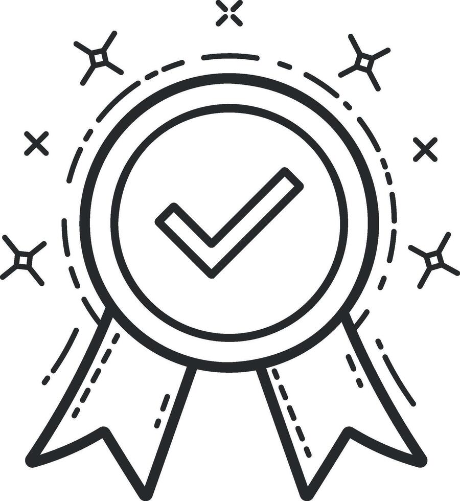 illustration of a checked badge or medal with ribbons in black outline without background vector