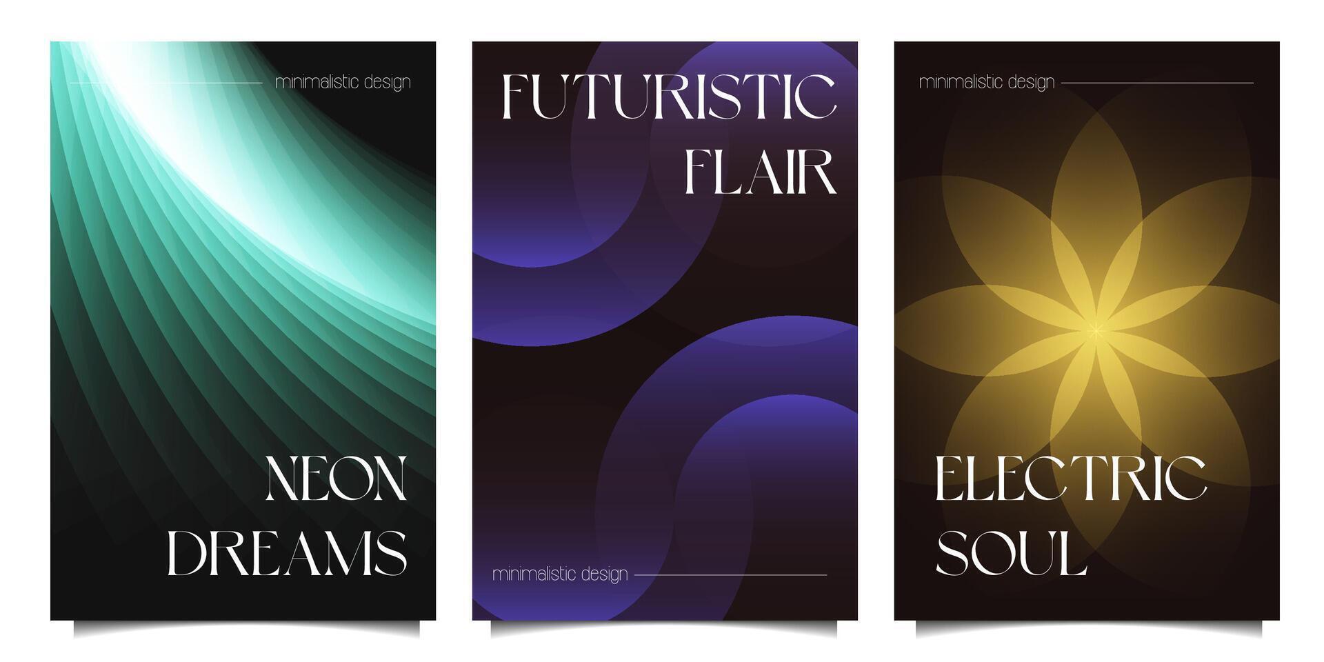 Abstract retro futuristic Backgrounds set. 3d Poster templates. Multiplying Elegant Banners with Geometric Neon shapes. Circle Design. Hipster Abstract design. vector