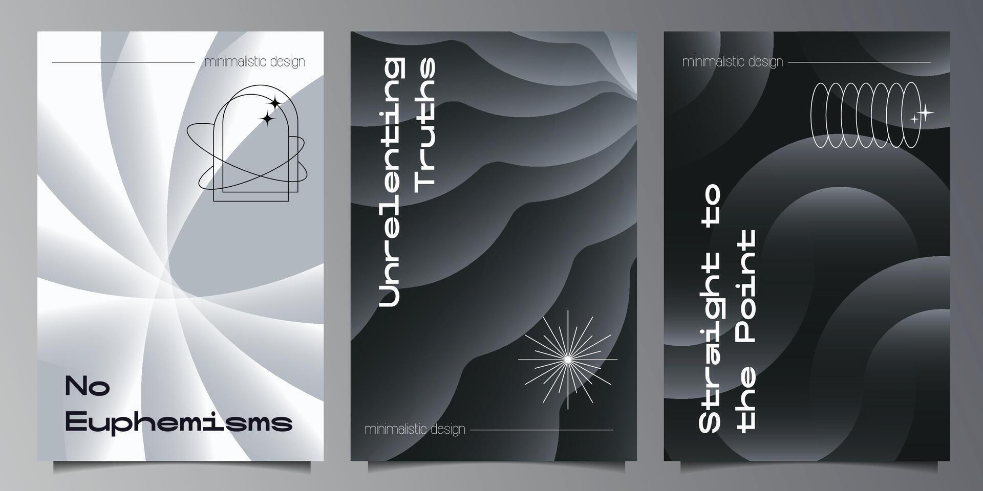 Rotating Circle abstract backgrounds set. Futuristic retro monochrome minimalistic Posters with gradient form graphic of round geometrical shapes modern design inspired by brutalism. vector
