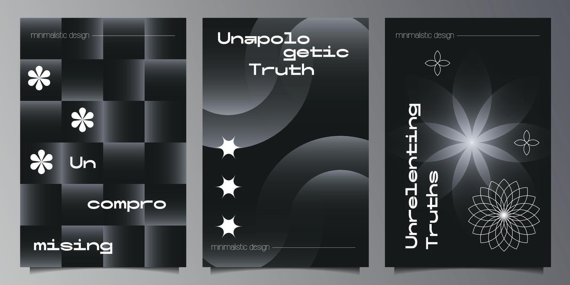 Abstract brutalism covers set with big geometric shapes on black background. Modern brutalist style minimal simple graphic prints. Brutal trendy y2k placard design template. poster design. vector