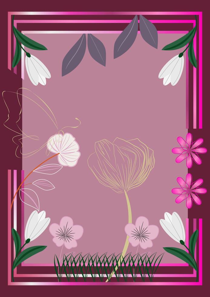 a framed picture of flowers and leaves on a pink background vector