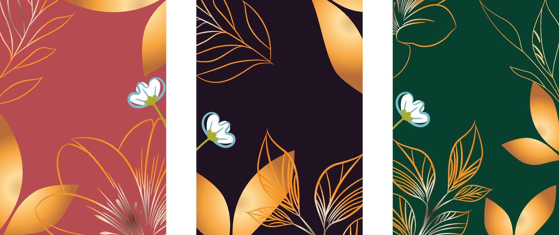 Gold Foil Leaf Patterns on Colored Backgrounds vector