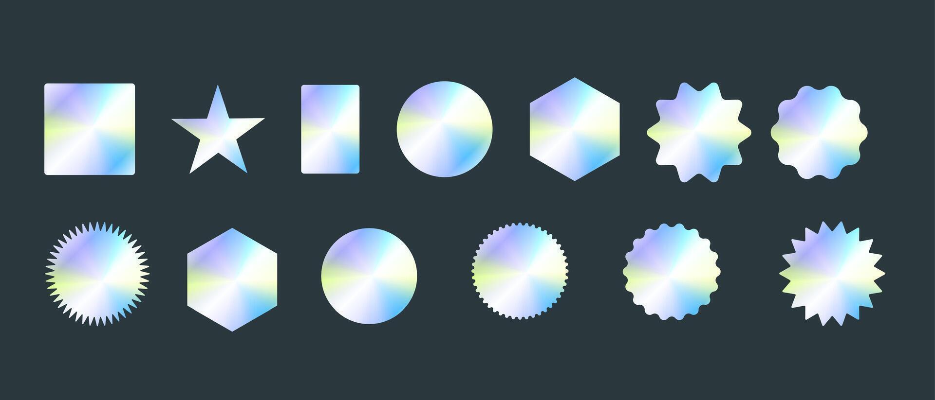 Set of stickers, hologram emblems, holographic labels on dark background vector
