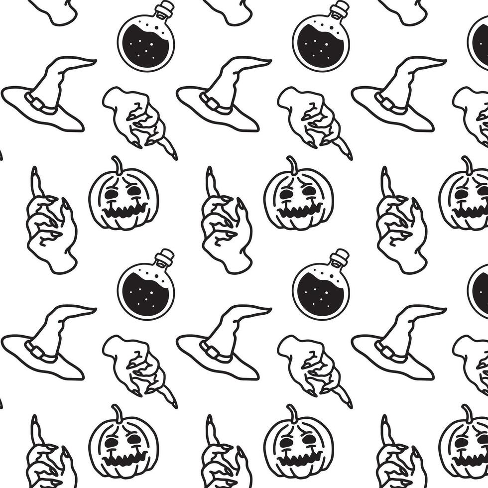 Spooky Seamless Halloween Characters Pattern in Black and White Colors for Merchandise Tshirts Web and Print Design vector