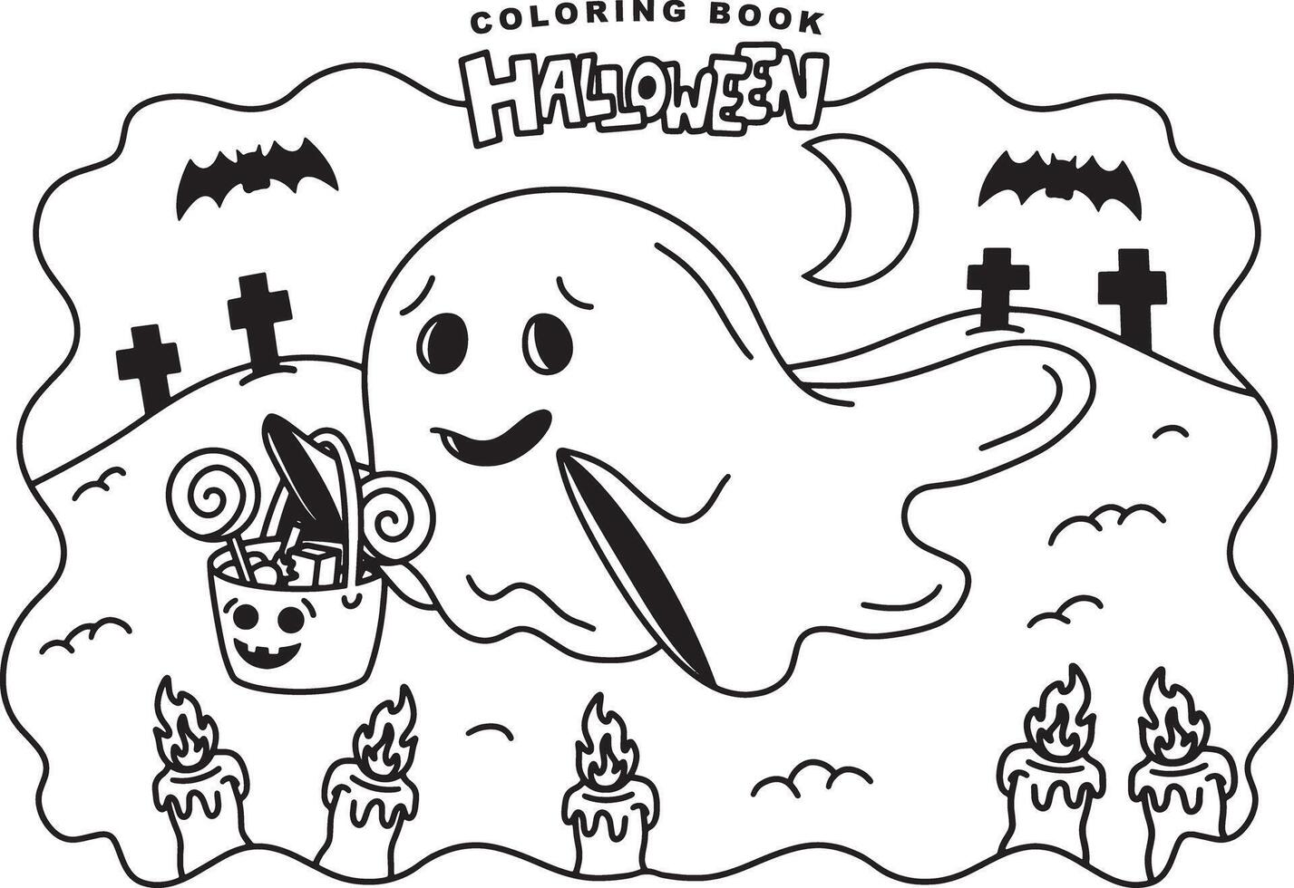 Adorable Ghost Collecting Candy at Halloween Festival Illustration for Kids Coloring Book Fun and Spooky Cartoon for Childrens Halloween Coloring Pages vector