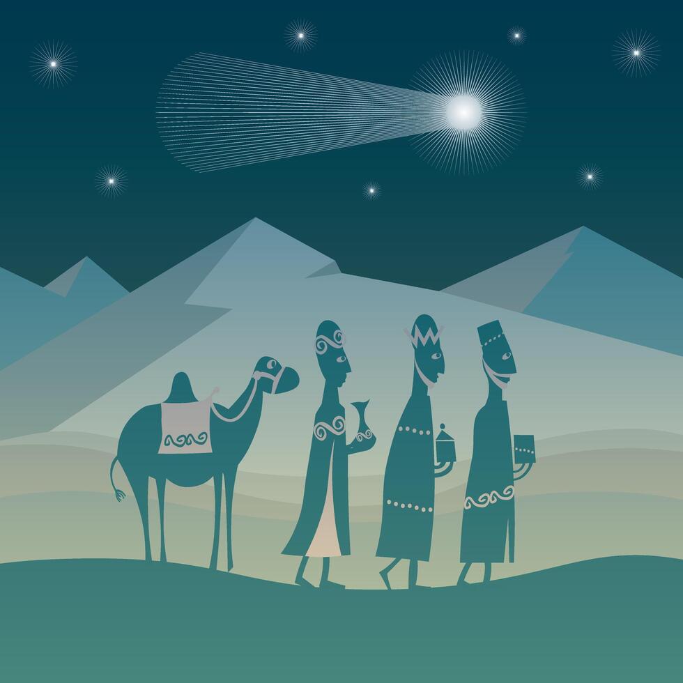 Three wise men in the desert with camels and a star vector