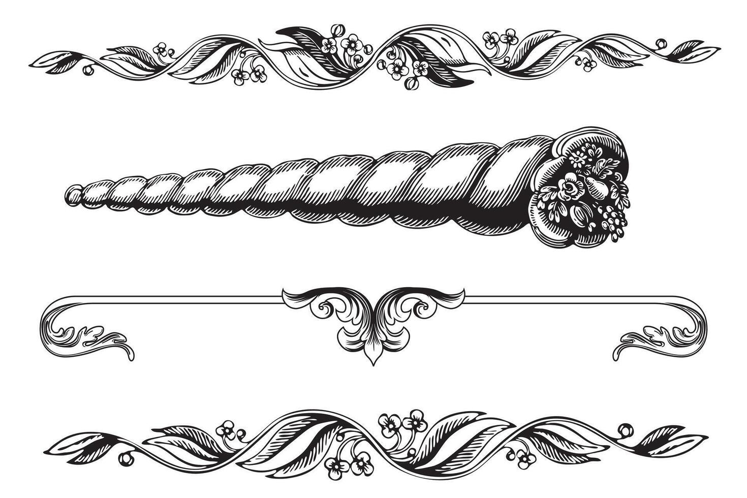 Elements baroque engraved floral scroll retro pattern. Victorian frame border ornament. Filigree vintage calligraphic elements for design vector