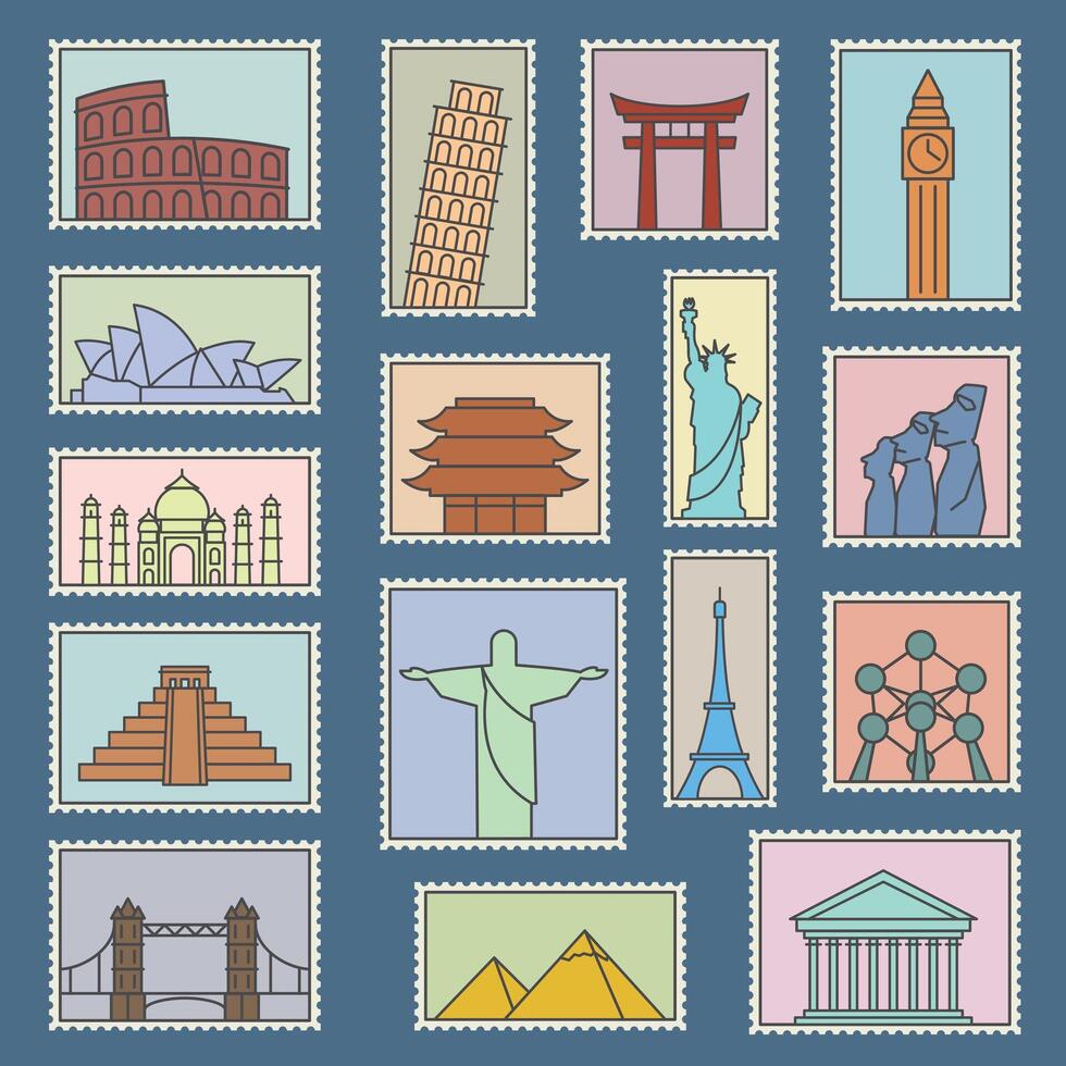 Postage stamps of different countries and landmarks vector