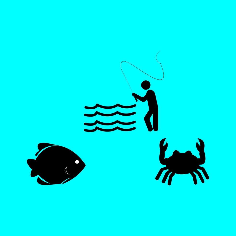 A crab, fish and man are depicted in a black and white illustration vector