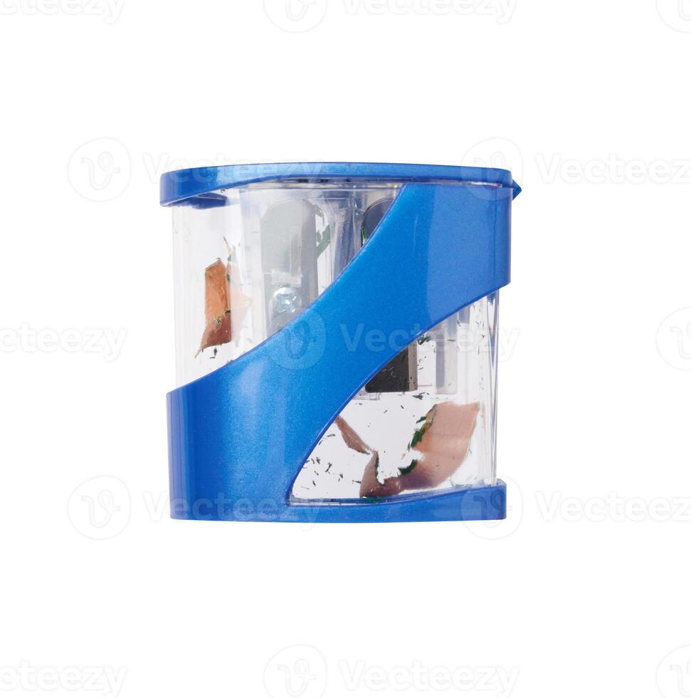 Blue plastic pencil sharpener on isolated background photo