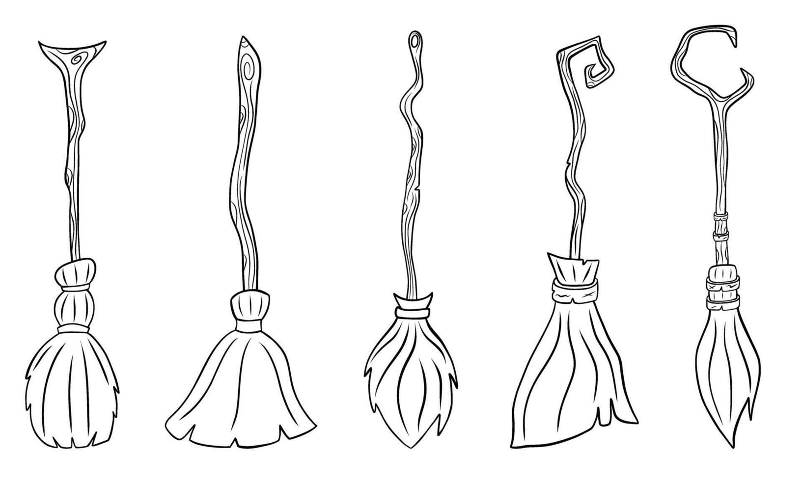 Magic halloween witch broom sketch set. Outline broomstick illustration. vector