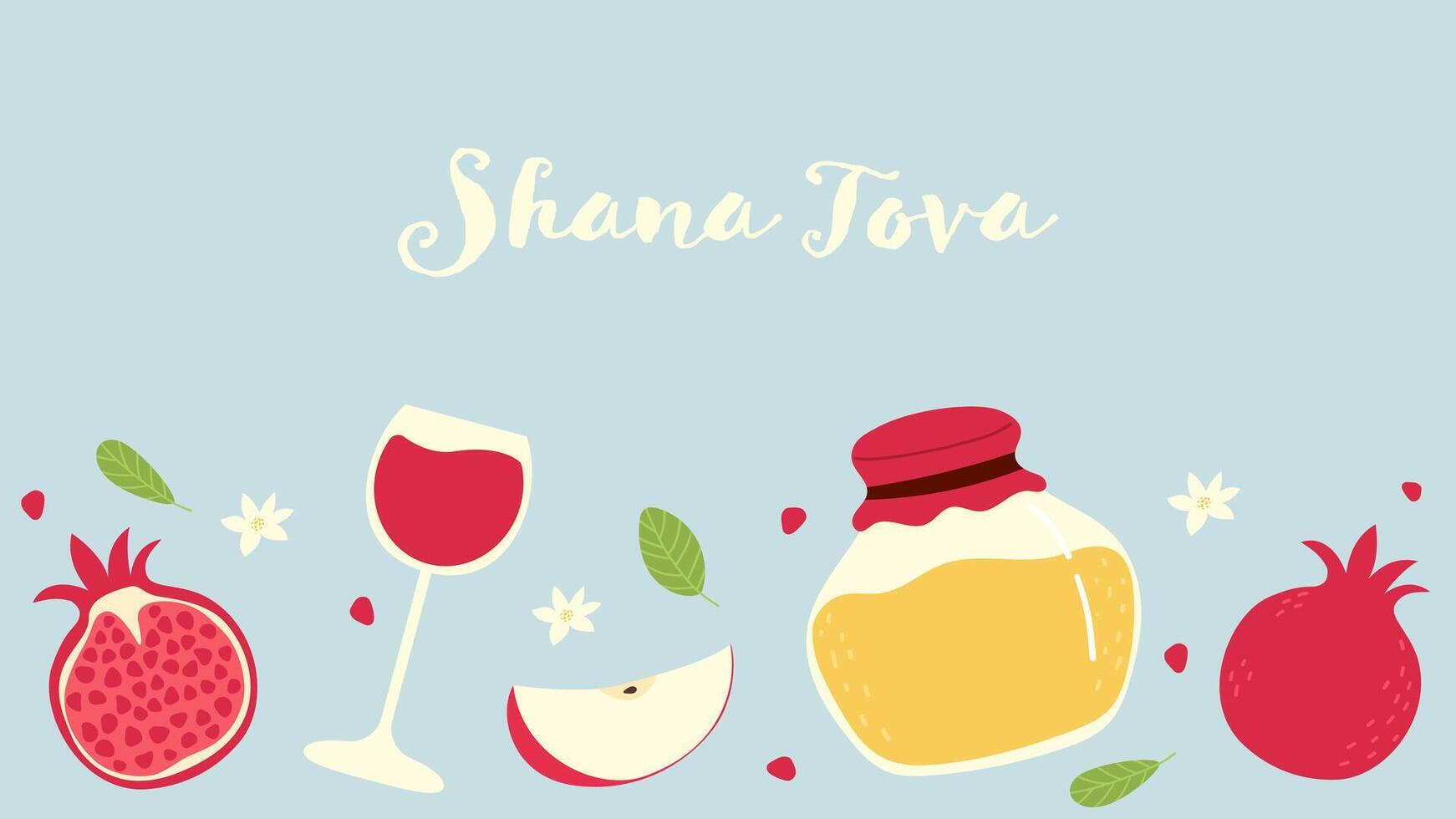 Jewish New Year Rosh Hashanah horizontal banner with hand drawn apple, pomegranate, wine glass, honey. Flat illustration. vector