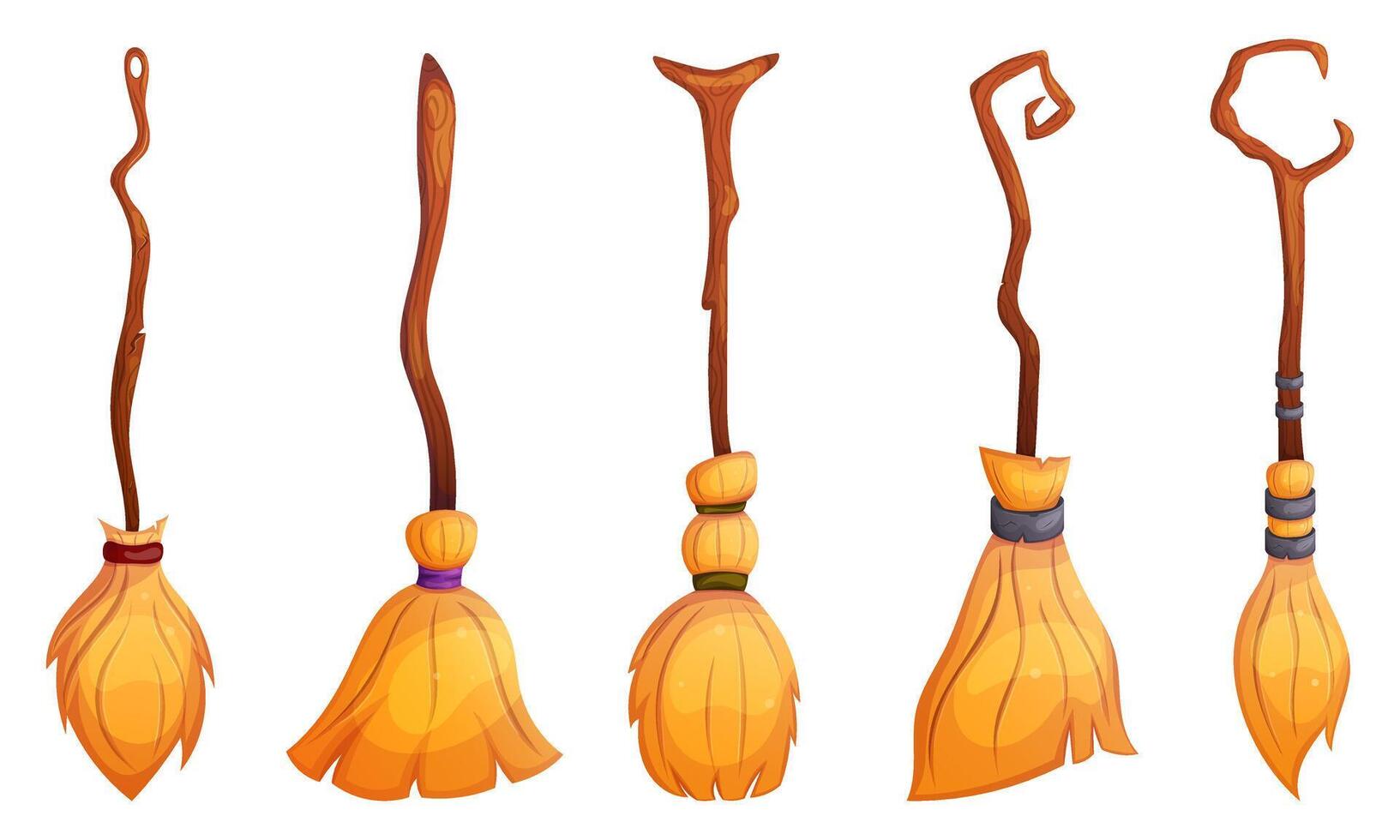 Halloween witch magic cartoon broom set. Besom collection isolated on white. vector