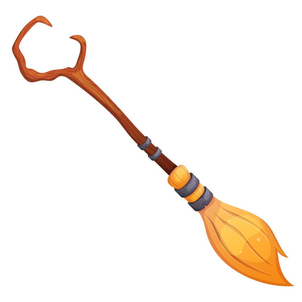Halloween magic cartoon witch broom isolated on white. Witchcraft element. vector