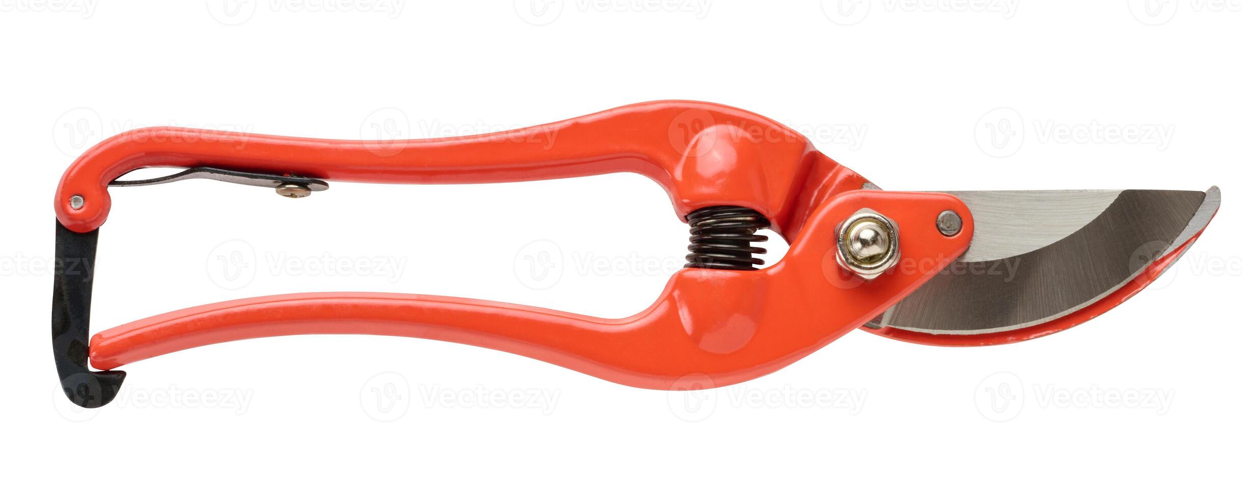 Hand held metal garden pruner on isolated background photo