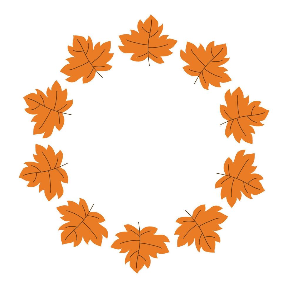 Round frame with orange maple leaves. Bright autumn wreath with empty space for text. Circle textbox. Hand drawn tree border vector