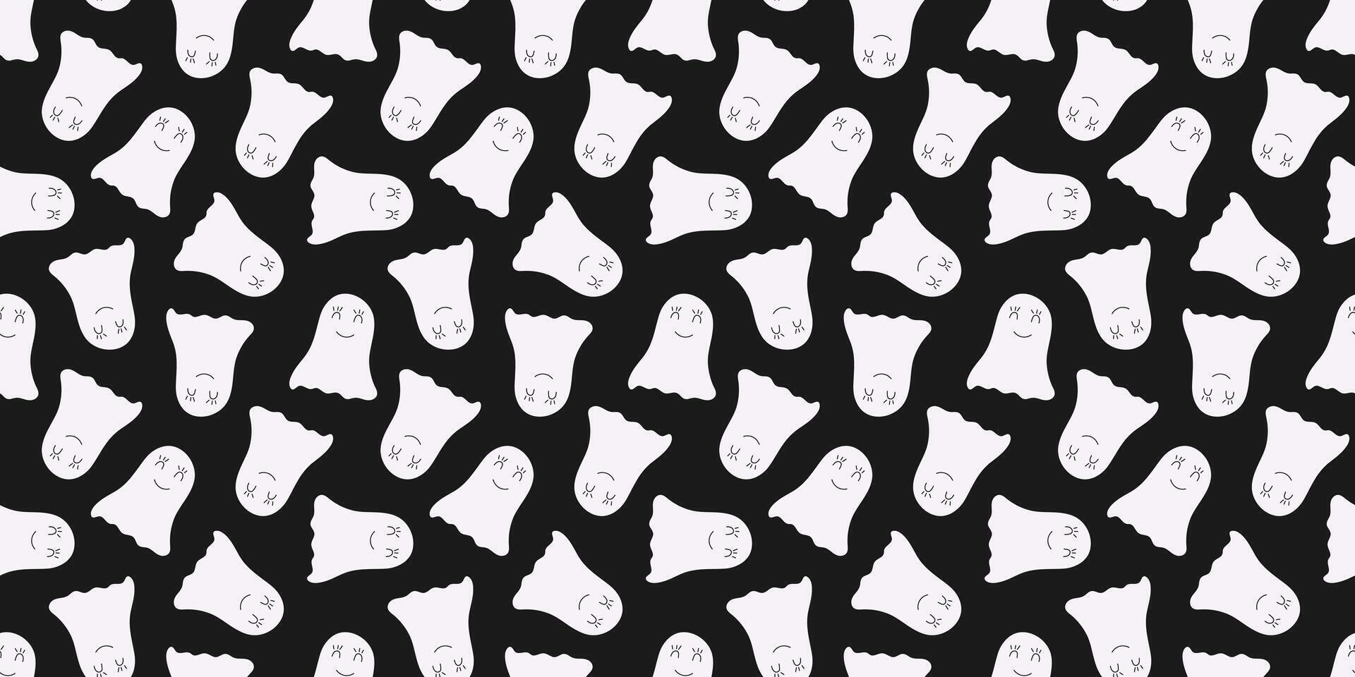 Simple Halloween Seamless Pattern with Ghosts. Black background with white spirit. Cute minimal holiday print for home decor, fabric, wrapping. vector