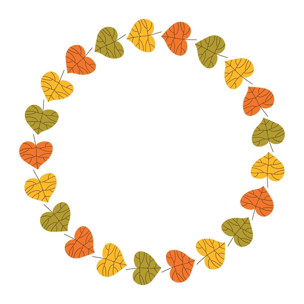 Autumn ornament of multicolored leaves. Hand drawn plant text Frame. Circle Fall season textbox. vector