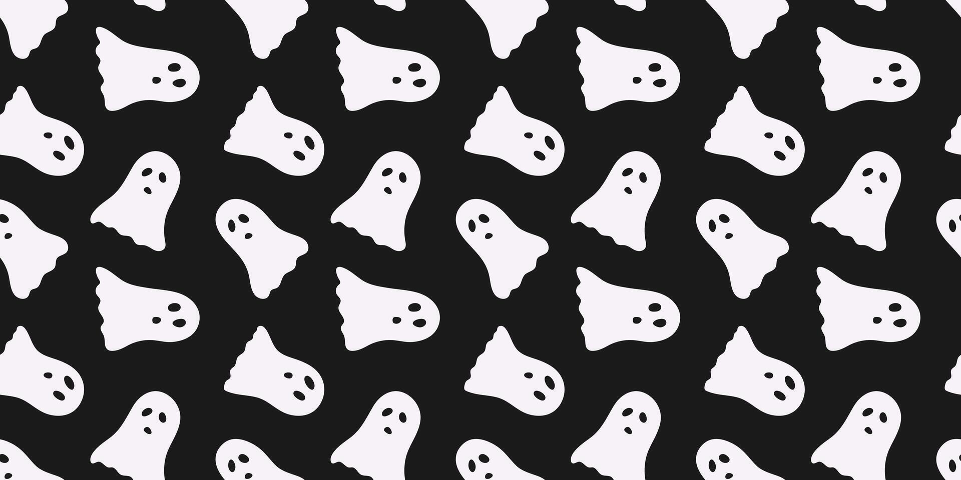 Black Halloween seamless pattern with ghost. Minimalist endless background with Cute repeat Spooky characters. Hand Drawn arts, Doodle design for fabric print. vector