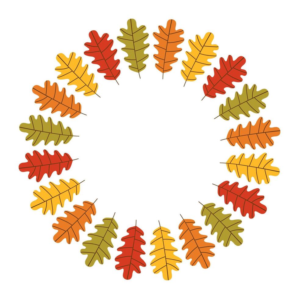 Autumn round botanical wreath with Oak leaves. Fall season plant part hand drawn illustration. Minimalist frame and border for text, poster, prints, cards vector