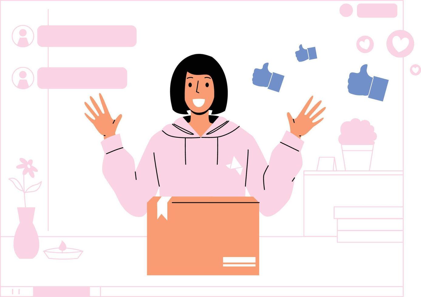 A happy creator unboxing a product for an online review session, engaging with followers. vector