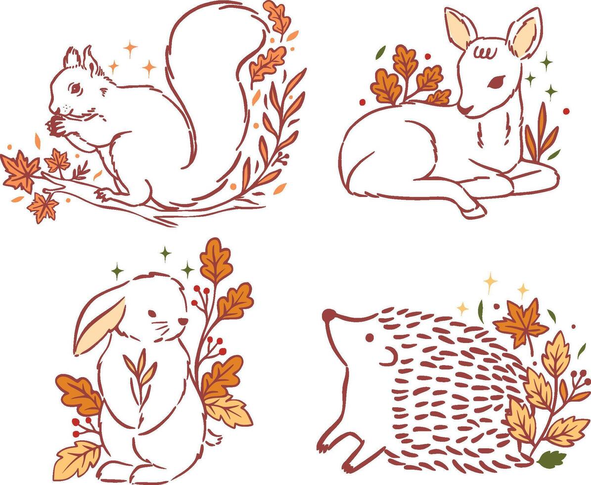 Hand-drawn autumn woodland animals surrounded by leaves and fall foliage vector