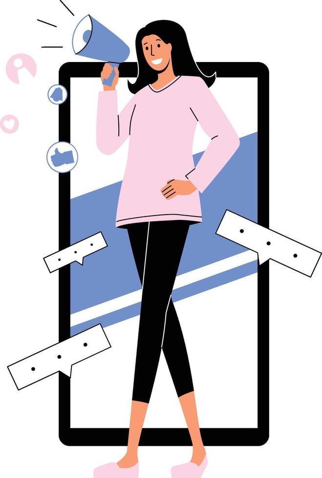 A content creator with a megaphone making an exciting announcement to her audience. vector