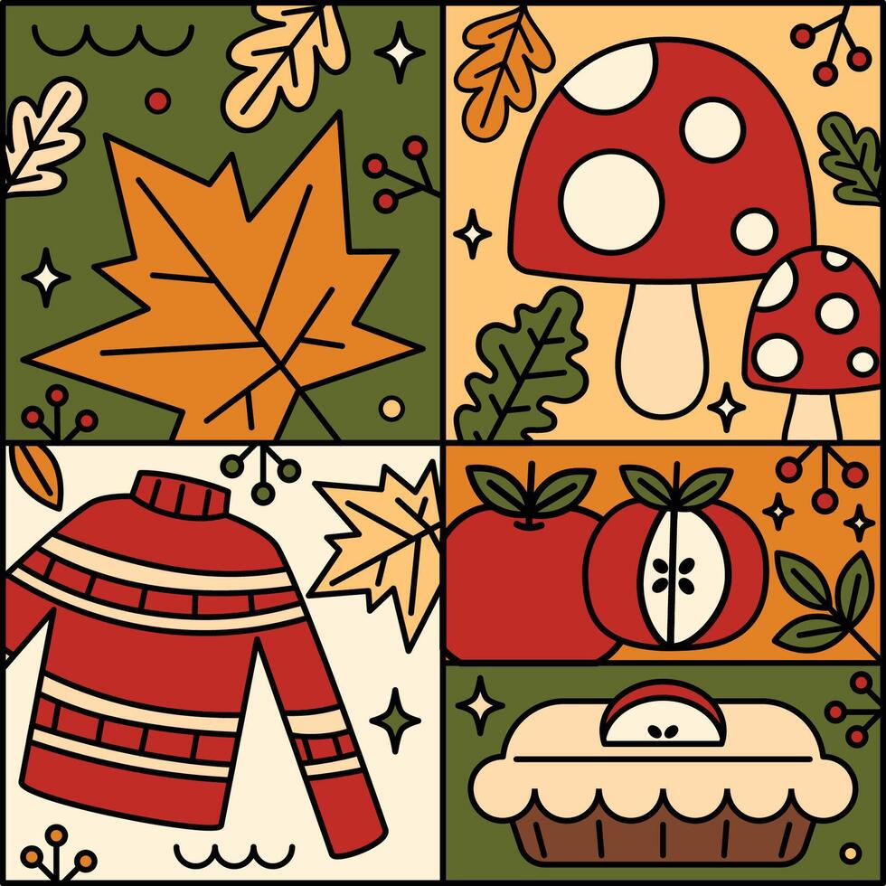 This vibrant autumn illustration features a cozy sweater, mushrooms, apples, and colorful leaves, encapsulating the essence of fall. vector