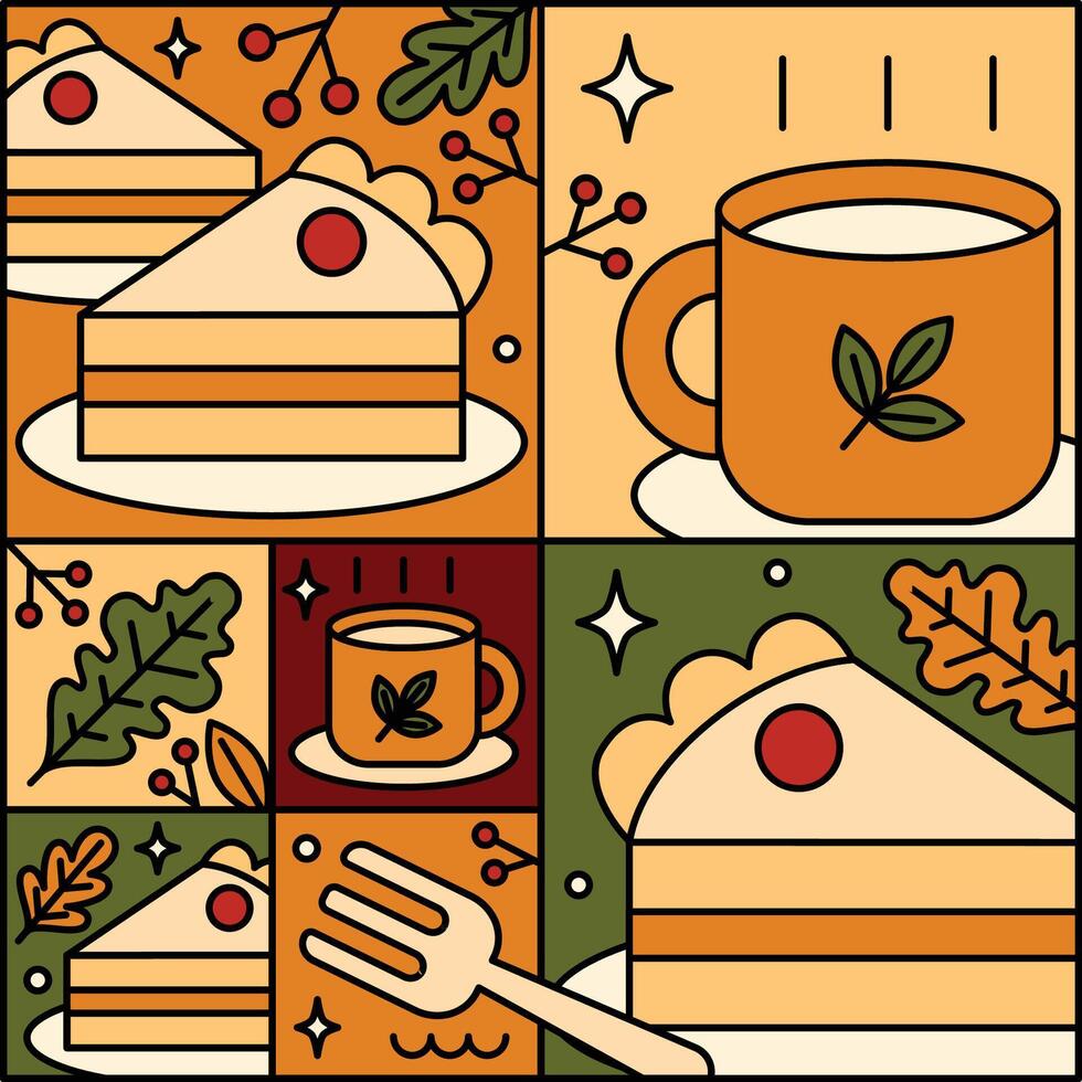 A modern flat illustration featuring slices of cake and coffee cups, surrounded by autumn leaves and branches, creating a warm fall vibe. vector