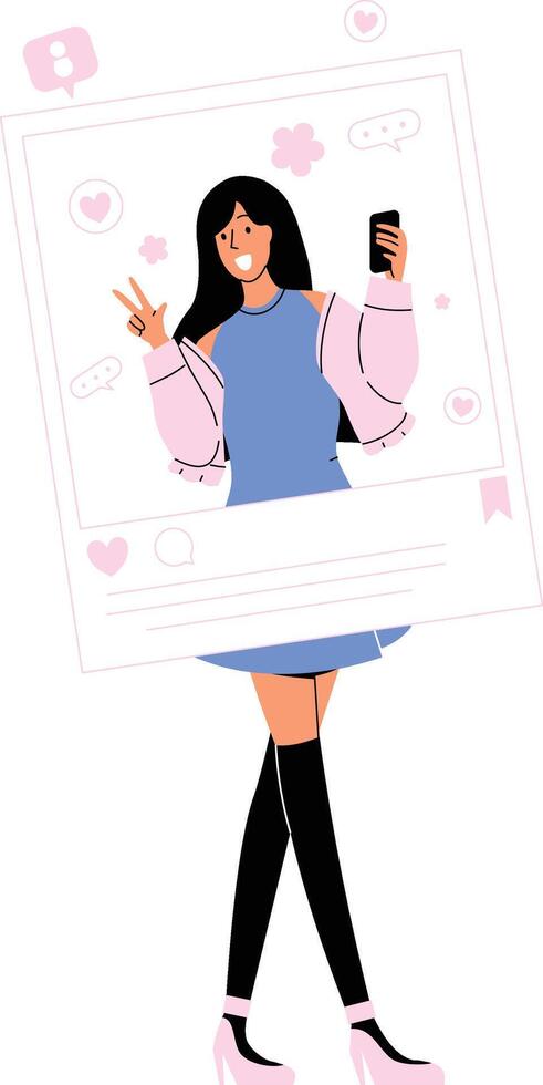 An influencer posing for a selfie inside a virtual social media frame, engaging fans. vector