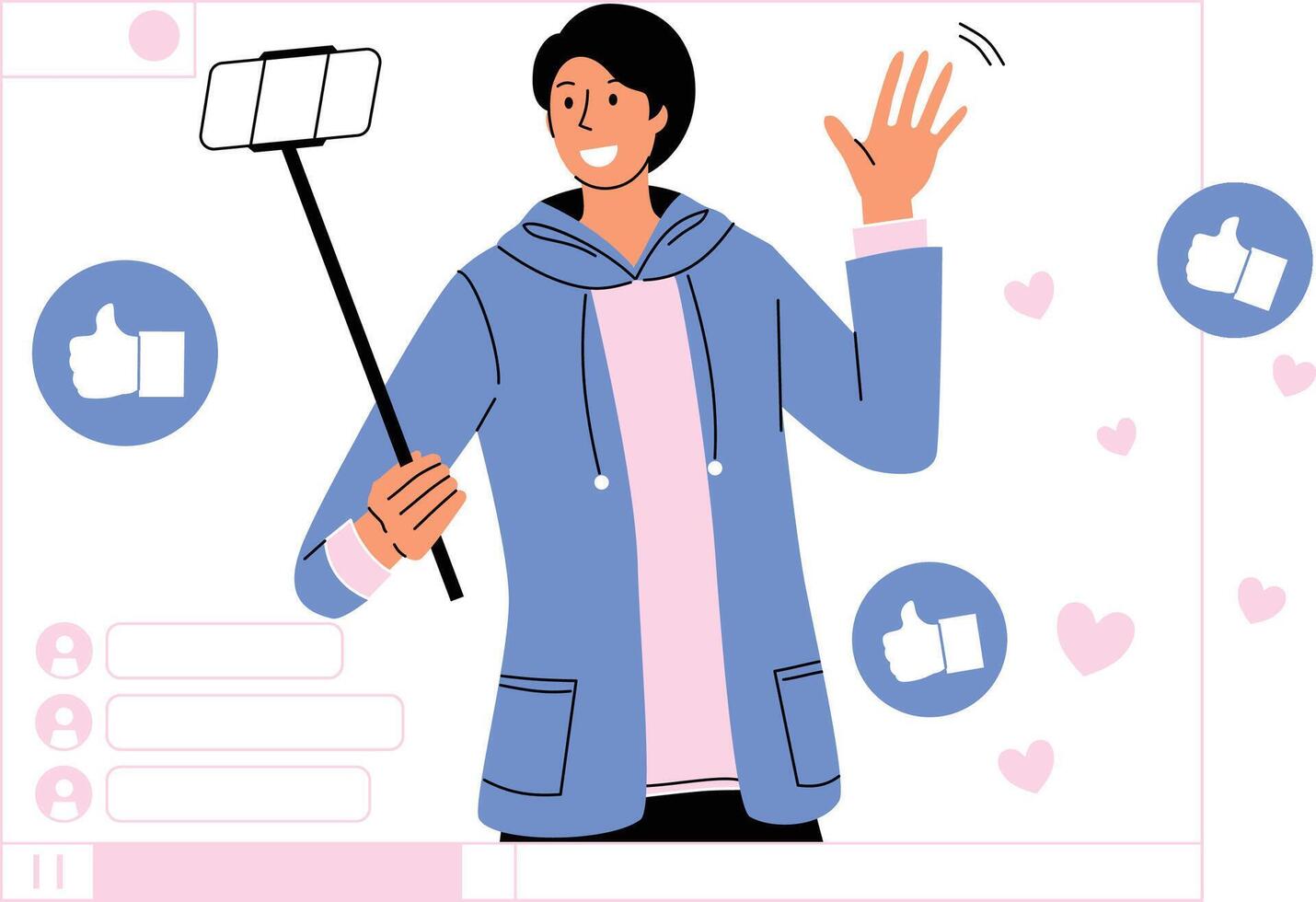 A cheerful influencer in a blue hoodie taking a selfie for social media engagement. vector