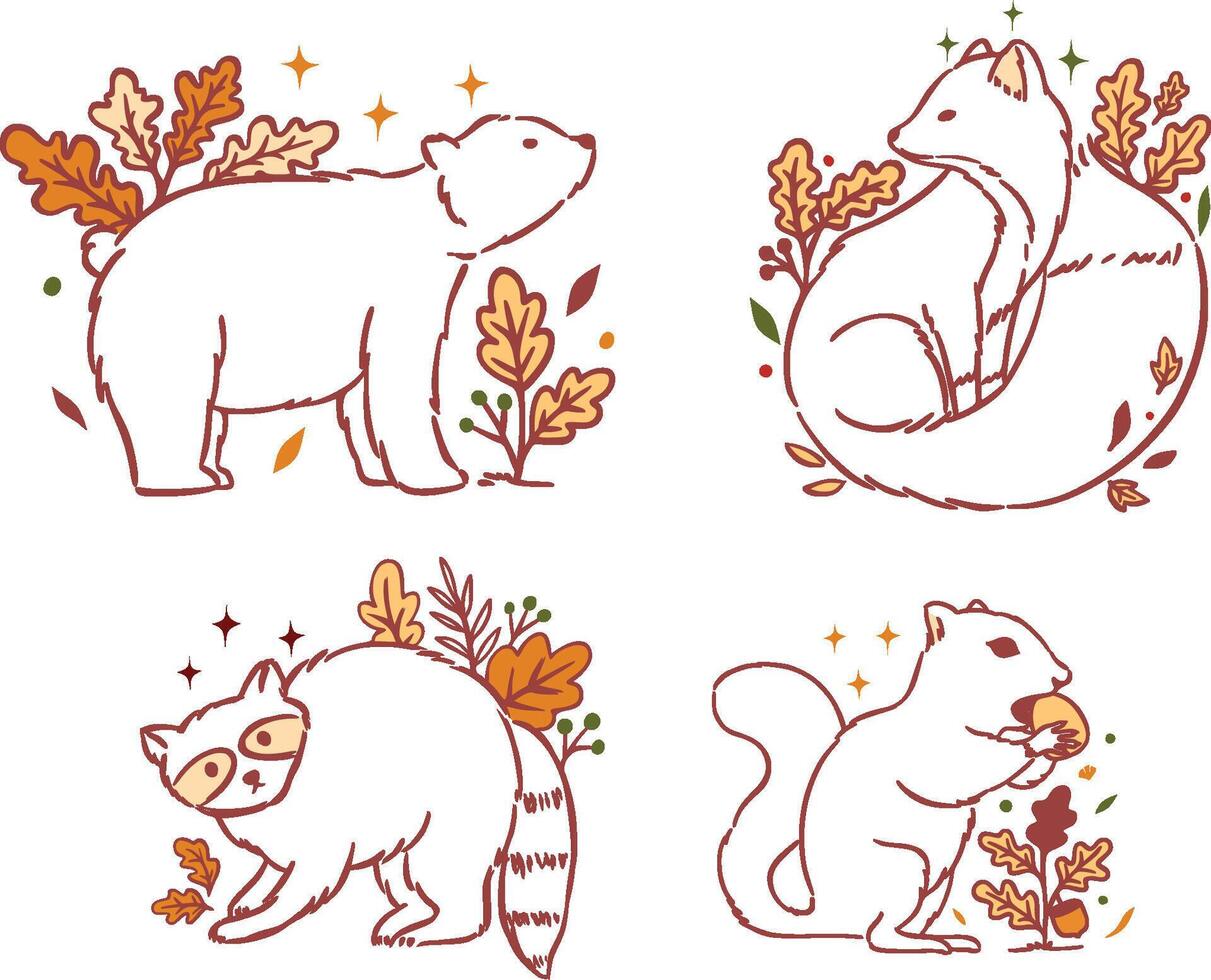 Hand-drawn autumn woodland animals surrounded by leaves and fall foliage vector