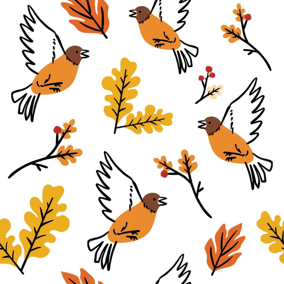 Autumn flying birds with colorful seamless pattern vector