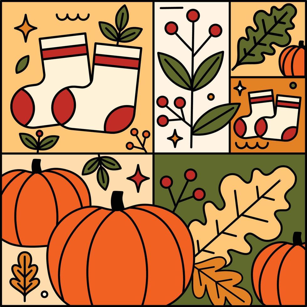 This modern autumn-themed illustration showcases cozy socks and pumpkins, with berries and leaves, creating a cozy fall atmosphere. vector