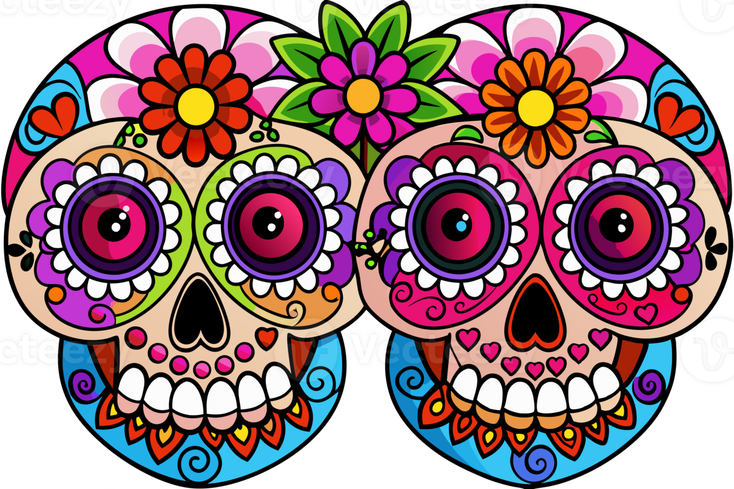 Two colorful sugar skulls are adorned with intricate floral designs cutouts png