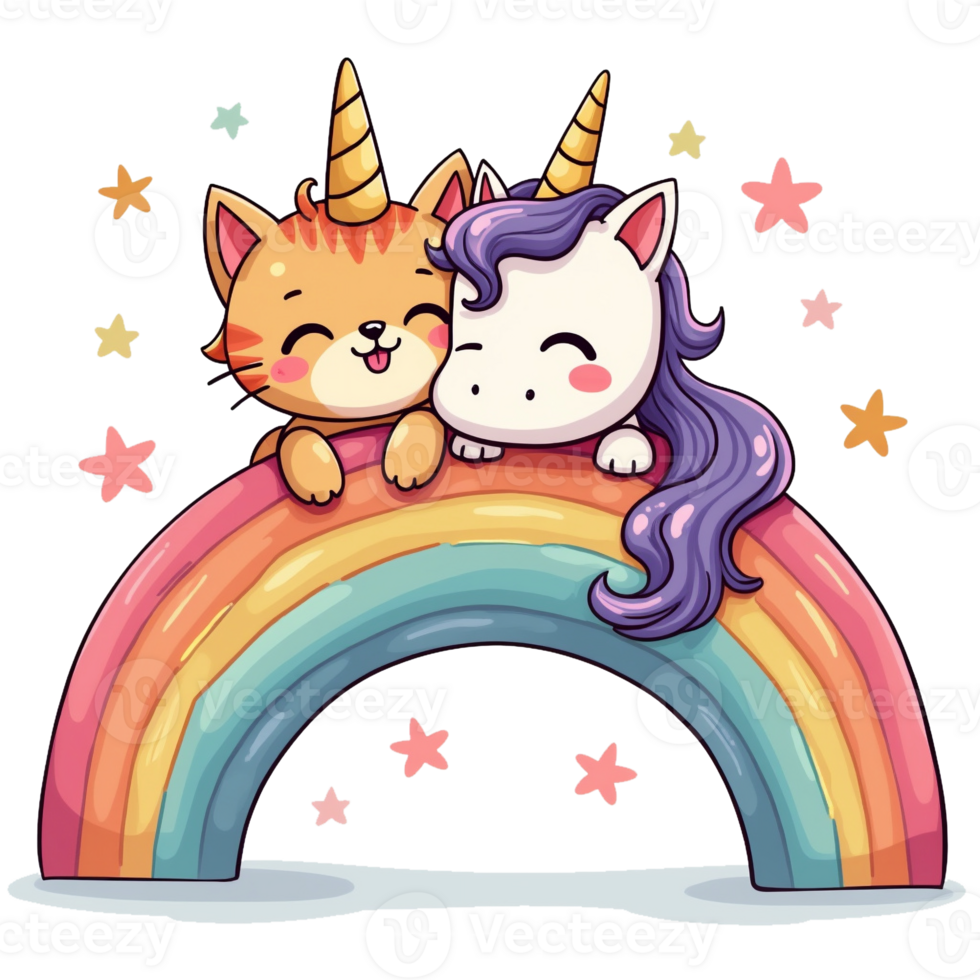 cat and a unicorn sit together on top of a colorful rainbow cutouts png