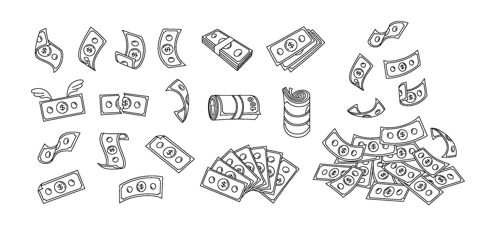 Doodle banknotes. Money bills stacks, falling finances and flying cash. Roll, fan and pile of dollar bills. Hand drawn currency notes illustration set vector