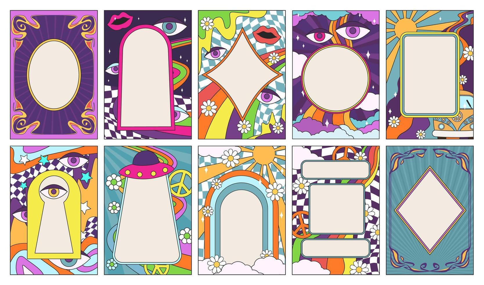 Retro psychedelic frames. Abstract groovy social media story post or 70s pop art photo frame with bohemian borders. Happy nostalgic vibe templates set vector