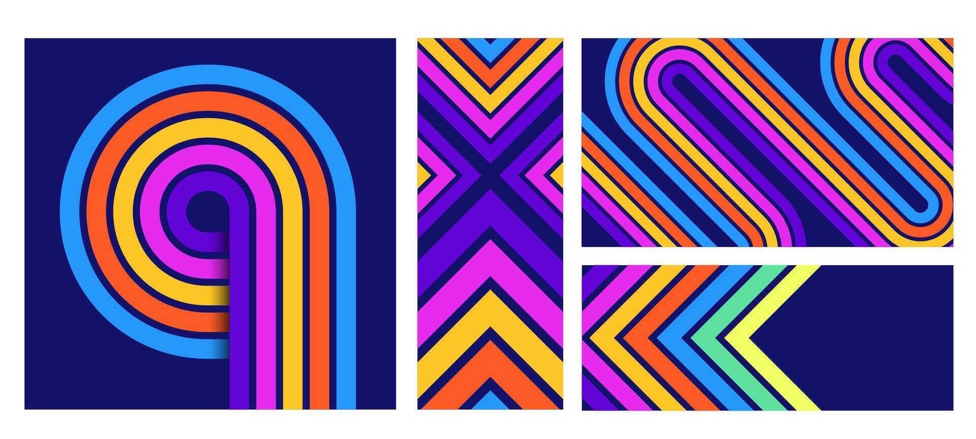 Retro stripe line backgrounds. Bold colorful lines abstract geometric patterns, modern zen stripes poster backdrops and 70s banner decorative template set vector
