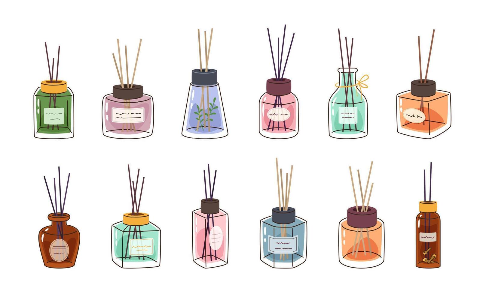 Perfume diffusers. Hand drawn fragrance essential oil bottles with reeds. Aromatherapy glass bottle with sticks, home decor perfumes isolated illustration set vector