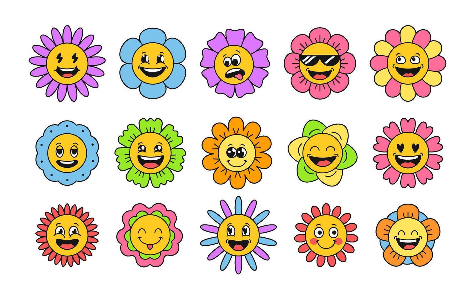 Groovy flower faces. Happy smiling daisy and laughing cartoon sunflower. Cute hippie, retro funky flowers and positive floral emoji stickers isolated illustration set vector