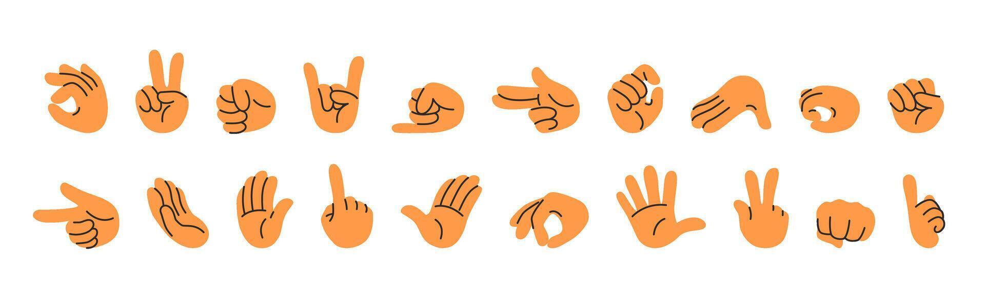 Doodle hands gestures. Hand signs for pointing finger, holding, pinch, punching fist and waving hand gesture. Minimal illustration set vector