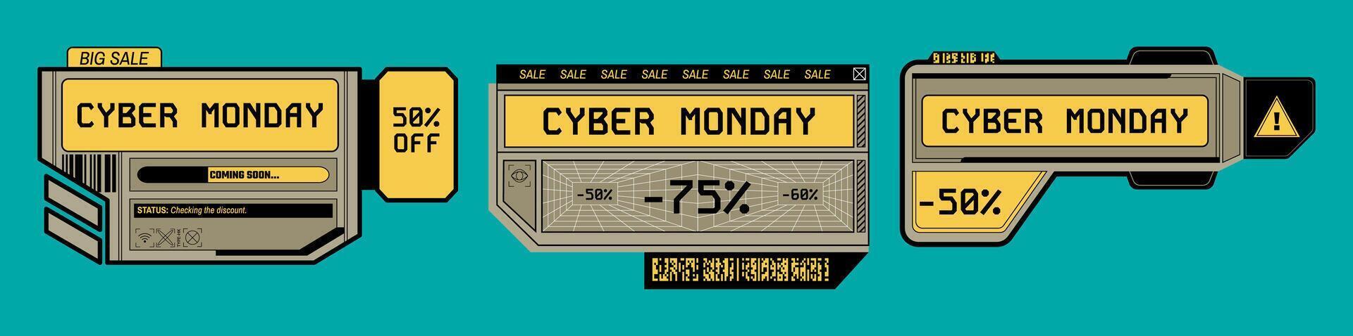 Cyber monday sale labels. Futuristic offers, discount tags and digital tech themed promotional labels. Cyberpunk aesthetic online shopping promotions banners template set vector
