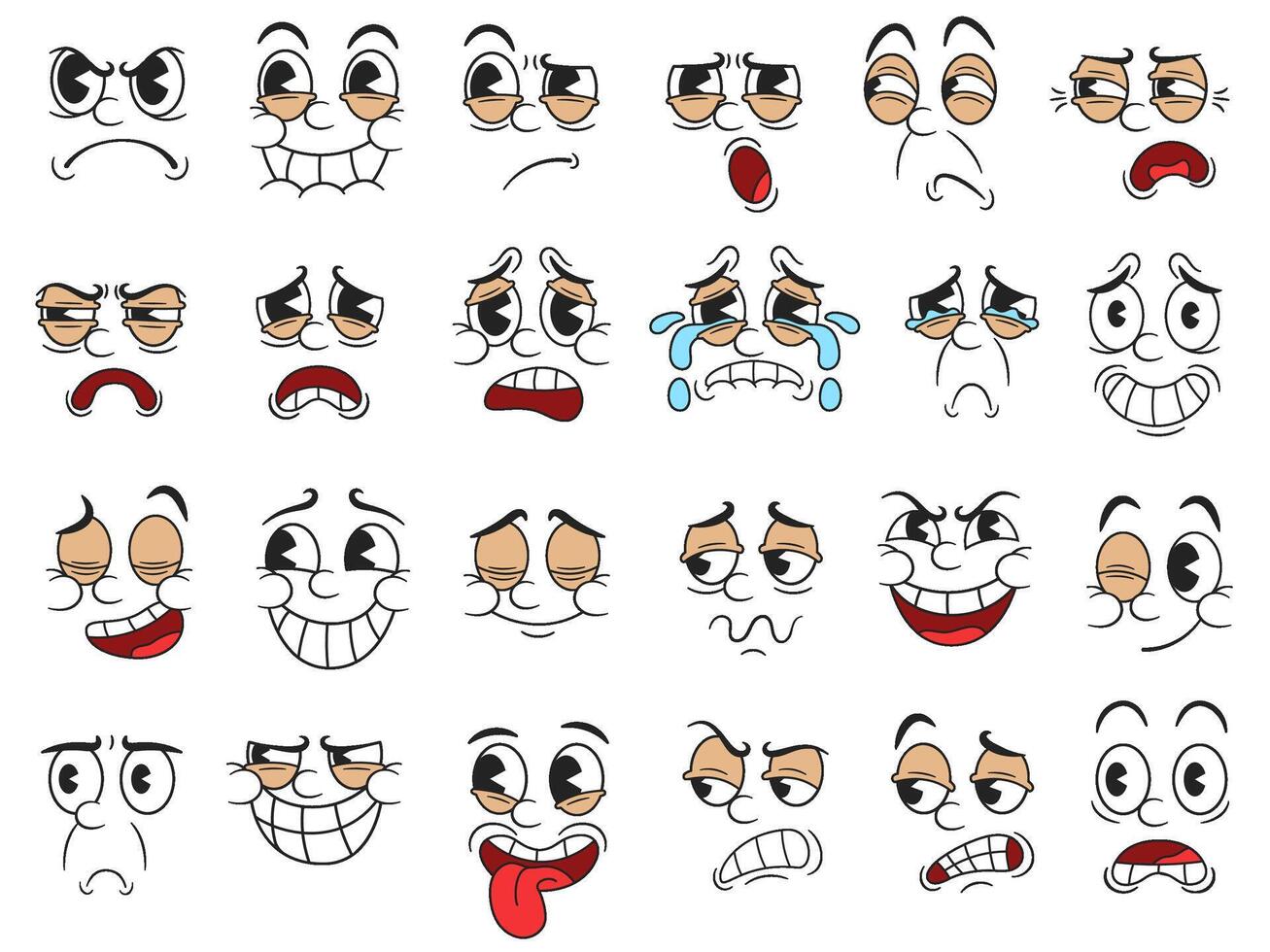 Retro cartoon emotions. Facial expressions, funny hand-drawn cartoon faces with pie eyes for 1930 rubber hose animation style character design. Isolated illustration set vector