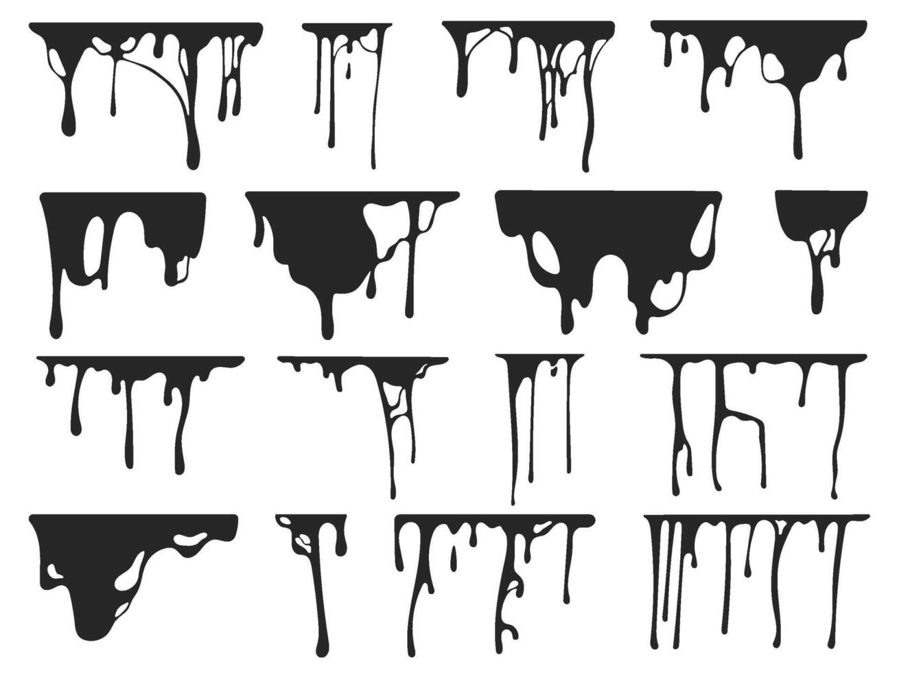 Dripping oil stain. Sticky liquid drips and splashes, slime leak silhouette and paint flow streams and drops for halloween or horror themed designs. Isolated set vector