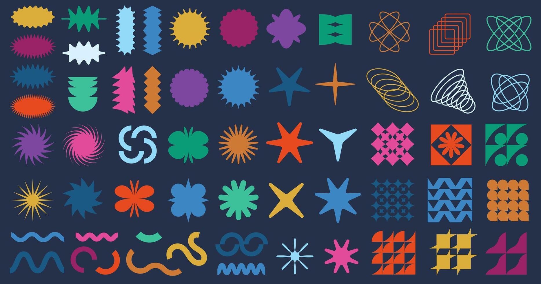 Abstract geometric shapes. Brutalist badge, minimalist figures, star sticker shape, patterns and wave line forms. Brutal Swiss design trendy aesthetic elements set vector