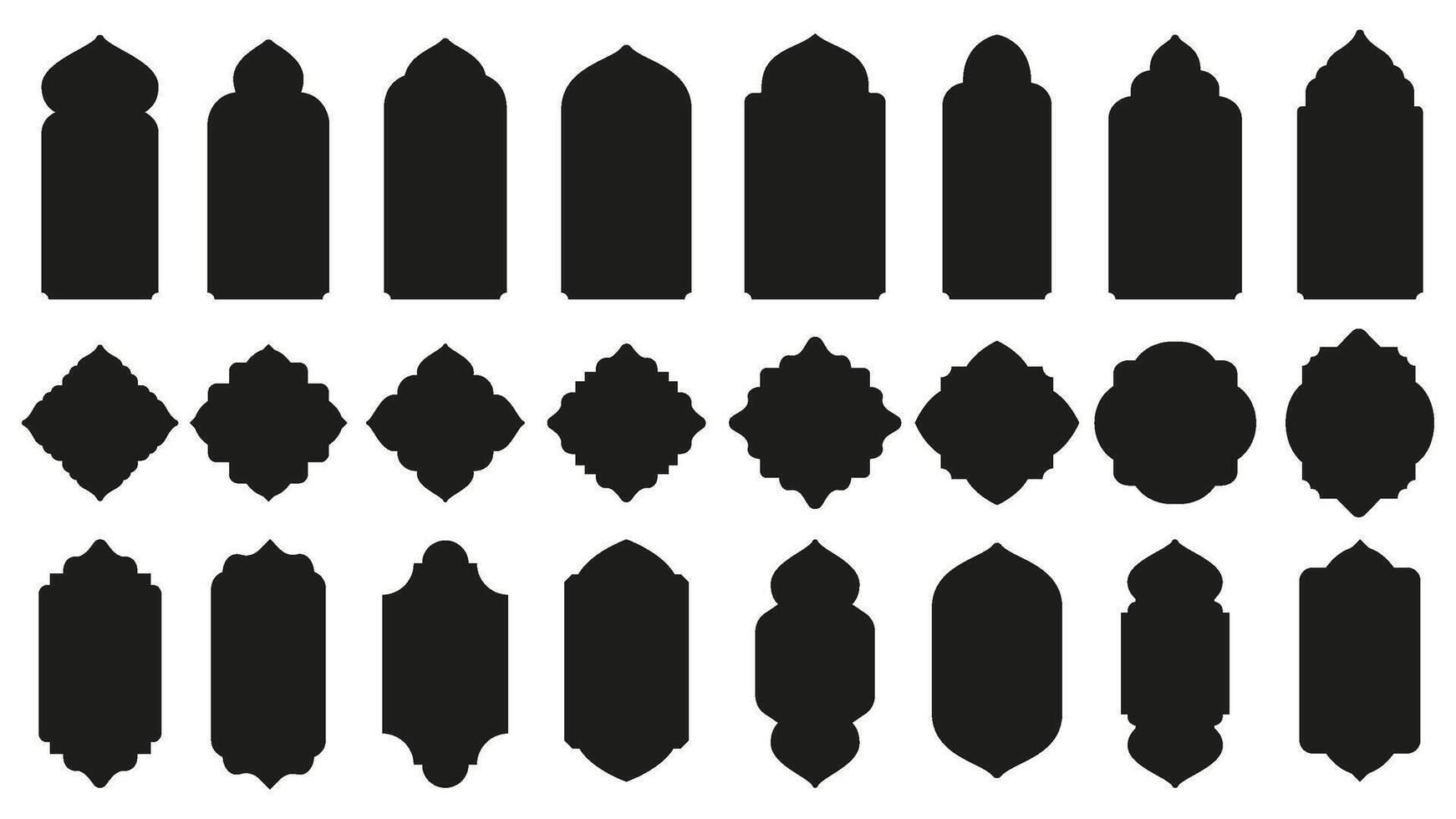 Islamic windows shapes. Oriental badge silhouettes, east gate frame with domes and traditional Arabian architecture arches or Mosque decorations set vector